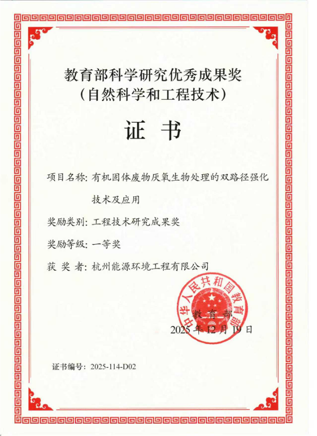 Hangzhou Energy Environment, a subsidiary of WELLE, won the first prize of the Ministry of Education's scientific and technological achievements